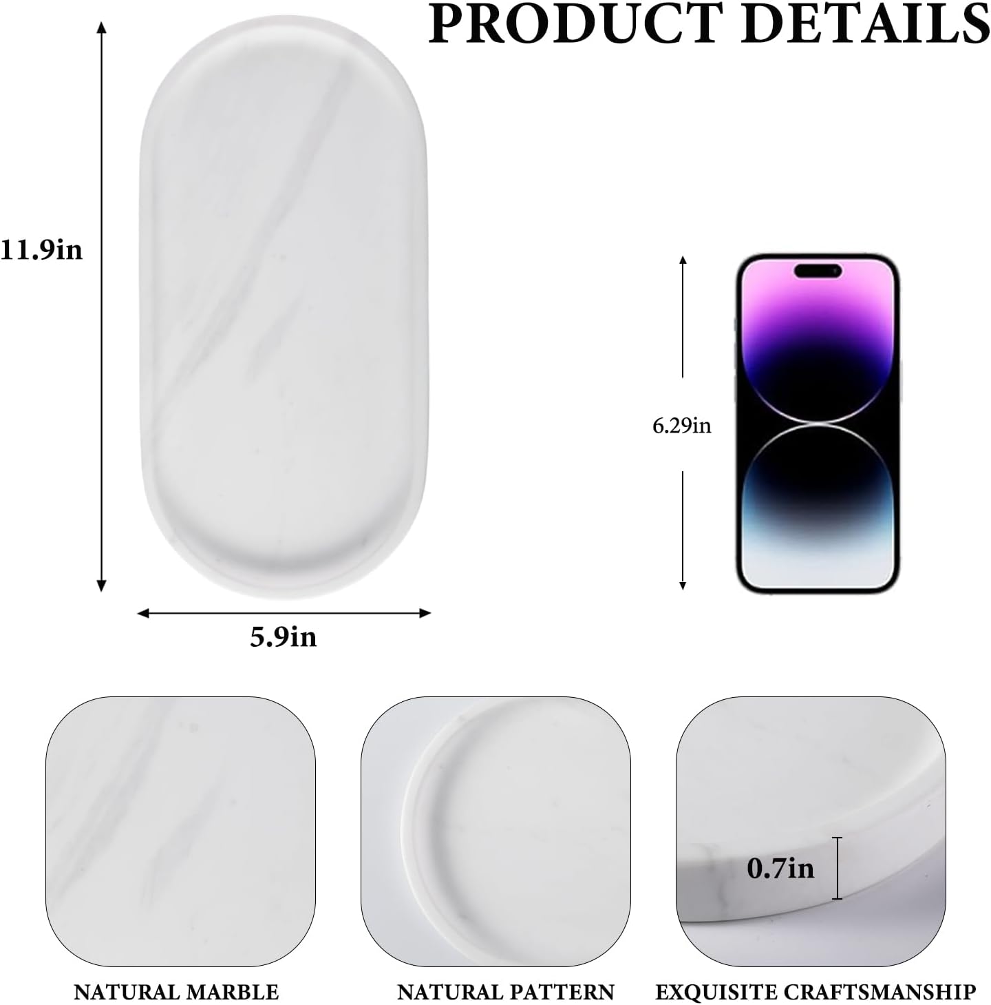 Koville 12"x6" Elegant White Marble Bathroom Tray, Natural Marble Vanity Trays for Home Decor, Stone Perfume Organizer Jewelry Dish for Dresser, Luxury Vanity Tray, Stone Storage Trays