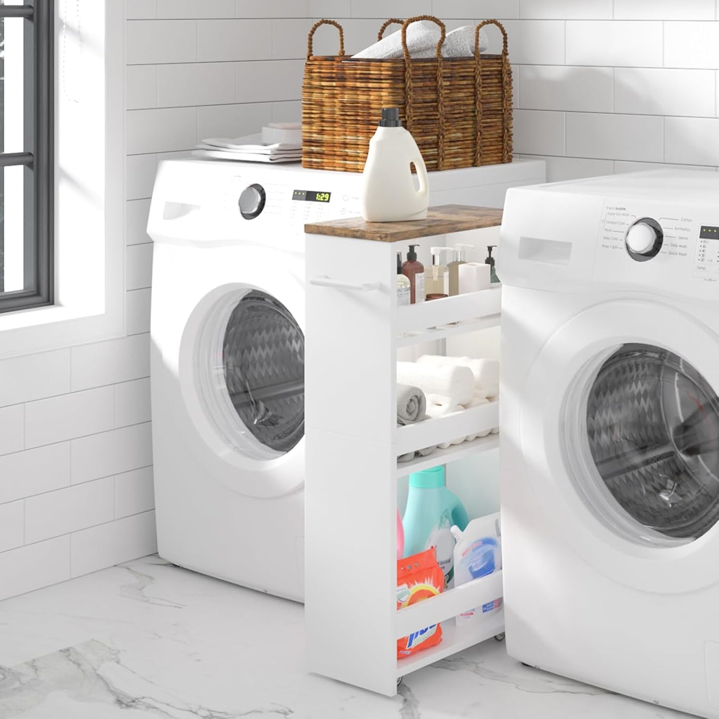 TEAMIX 4 Tier White Slim Storage Cart with Handle, 7.9''W Slide Out Storage Rolling Utility Cart Mobile Shelving Unit Organizer Trolley for Small Spaces Kitchen Laundry Narrow Places