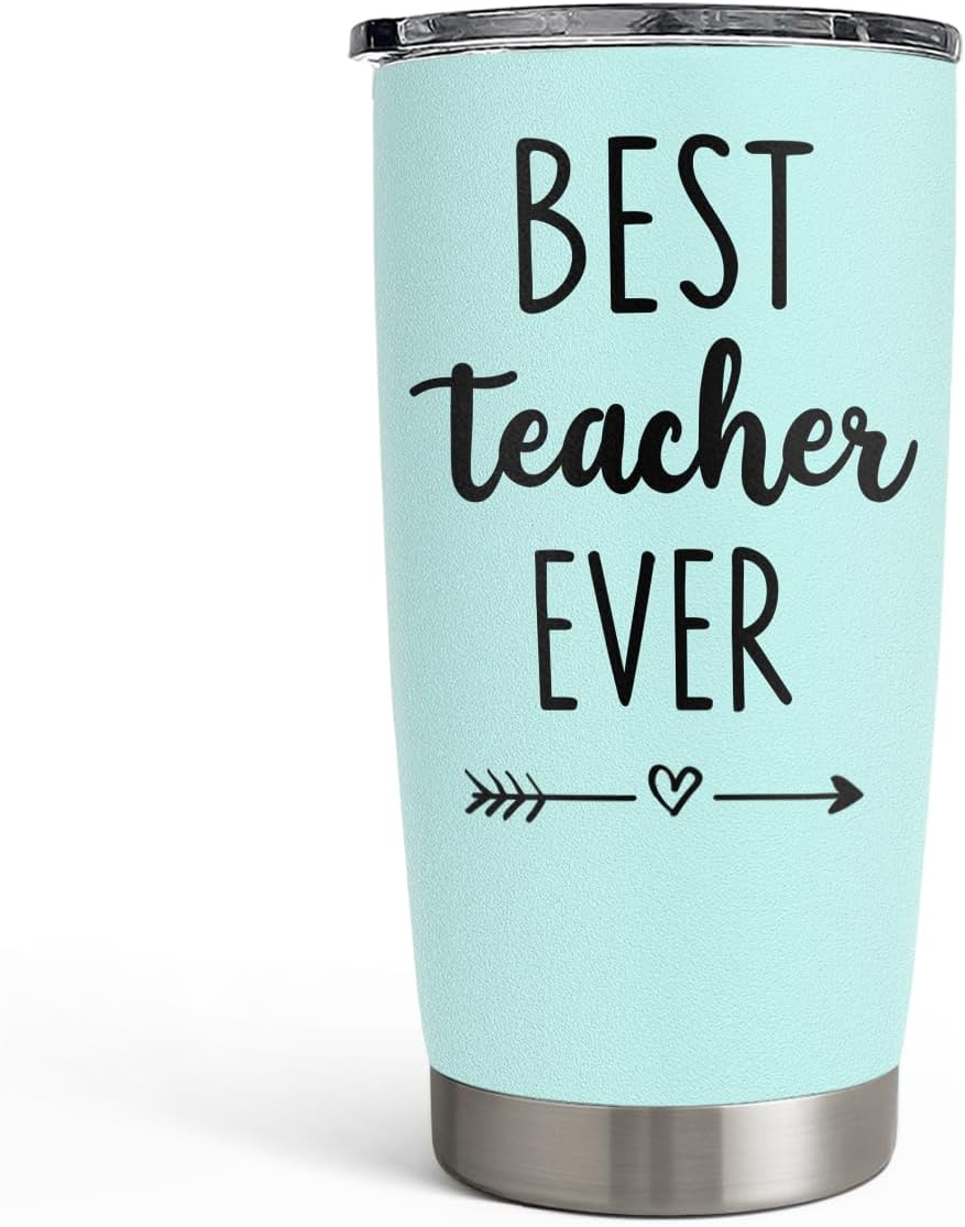 SANDJEST Teacher Tumbler - Best Teacher Ever Travel Coffee Mug Appreciation Gift for Teachers - 20oz Stainless Steel Tumblers Awesome Gifts for Birthday, Christmas, Graduation Day, Back To School