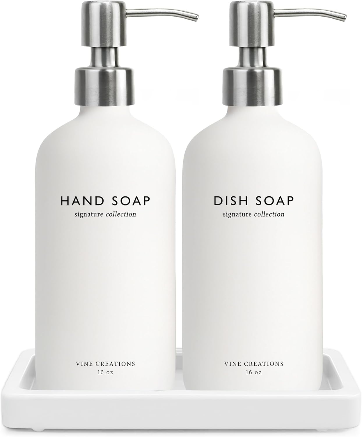 Vine Creations Glass Soap Dispenser Set, Kitchen Soap Dispenser Set with Ceramic Tray, 16 oz Dish Soap and Hand Soap Dispensers with Stainless Steel Pump Decor (White Bottle/Silver)