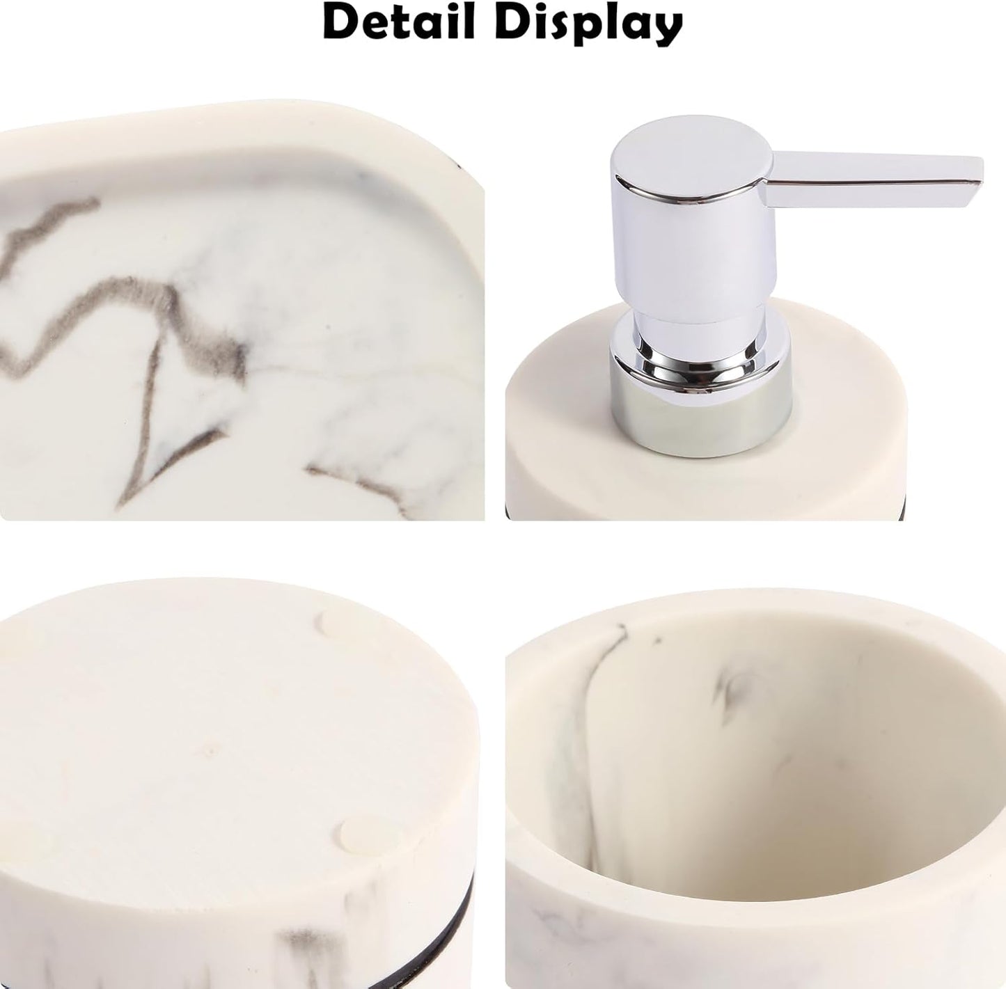 Marble Pattern Bathroom Accessory Set,3 Pieces Resin Bathroom Accessories Set - Lotion Dispenser,Toothbrush Cup,Vanity Tray(Marble White)