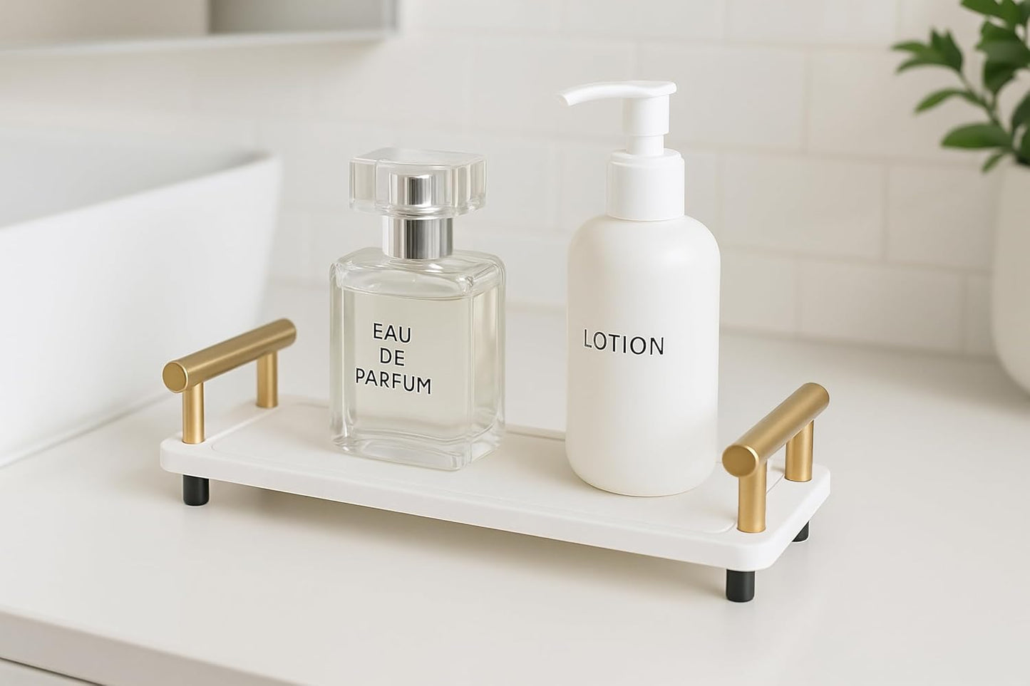 2Pcs Instant Dry Sink Tray, Water Absorbing Stone Caddy, Stone Drying Tray with Metal Handle, Kitchen Sink Organizer, Fast Drying Diatomite (White & Gold Handle, Large & Small)