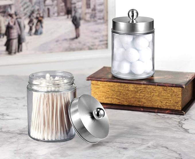 Amolliar Apothecary Jars Bathroom Vanity Organizer -Countertop Canister Jar with Storage Lid - Qtip Dispenser Holder Glass for Qtips,Cotton Swabs,Makeup Sponges ,Hair Band - Brushed Nickel (1 Pack)