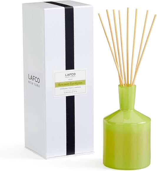 LAFCO New York Classic Reed Diffuser, Rosemary Eucalyptus - 6 oz - Up to 3 Months Fragrance Life - Reusable Glass Vessel - Natural Wood Reeds - Made in The USA