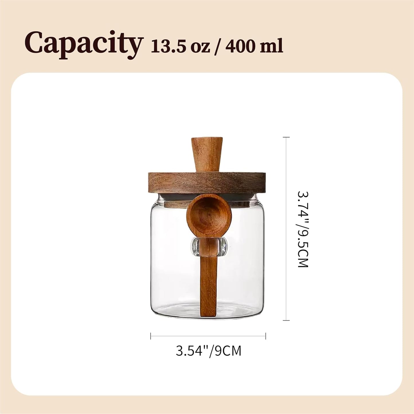 Glass Food Storage Jar with Acacia Wooden Lid and Spoon, Airtight Container for Cereals, Cookies, Snacks, Kitchen Canister Set (2 Pcs, Small/13.5oz)