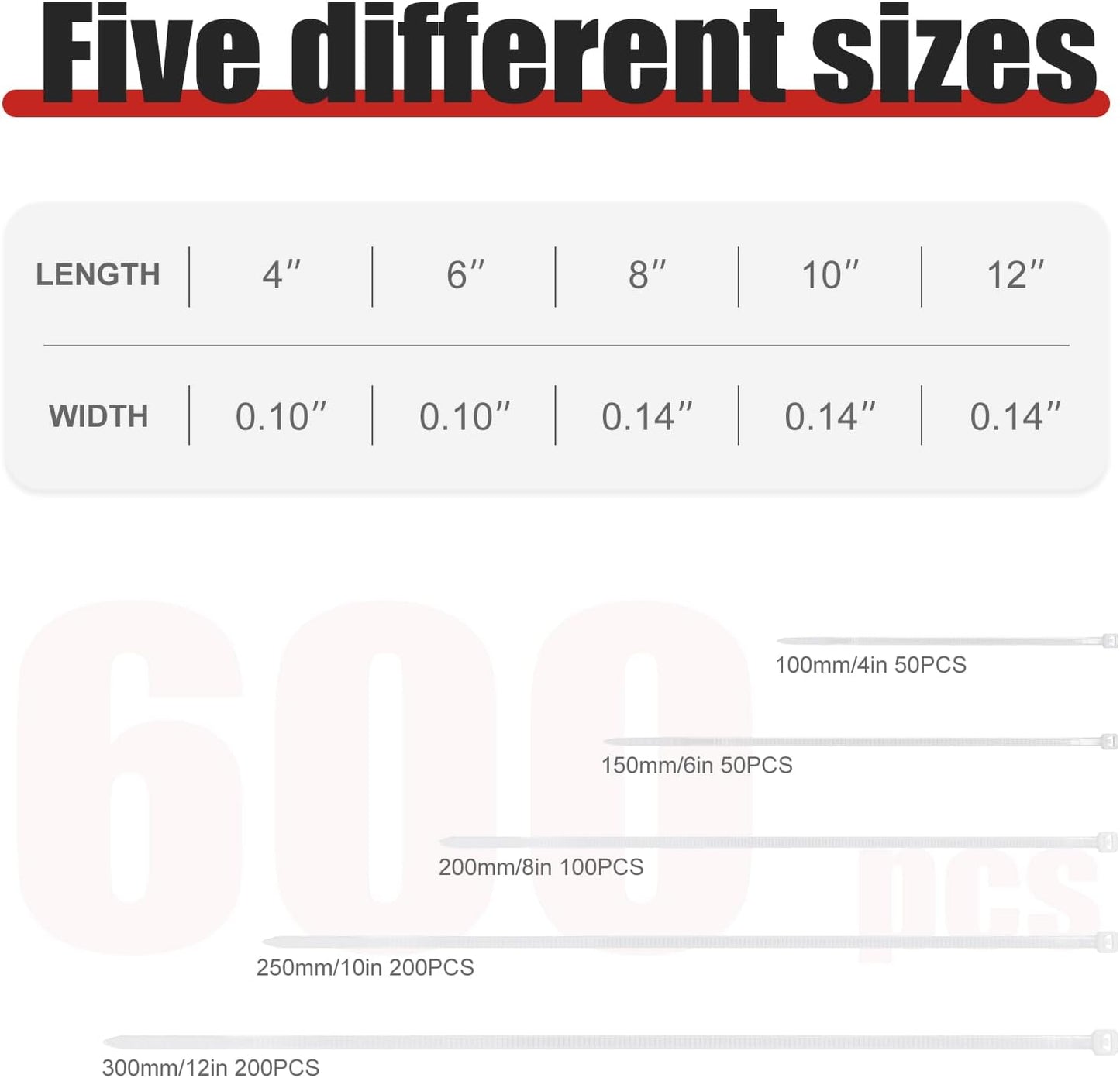 APIELE Cable Zip Ties 600 Pack WHITE Assorted Sizes 4 6 8 10 12 inch Multi-Purpose Self-Locking Nylon Cable UV Resistant Wire Ties for Indoor & Outdoor Home Office Garden Workshop