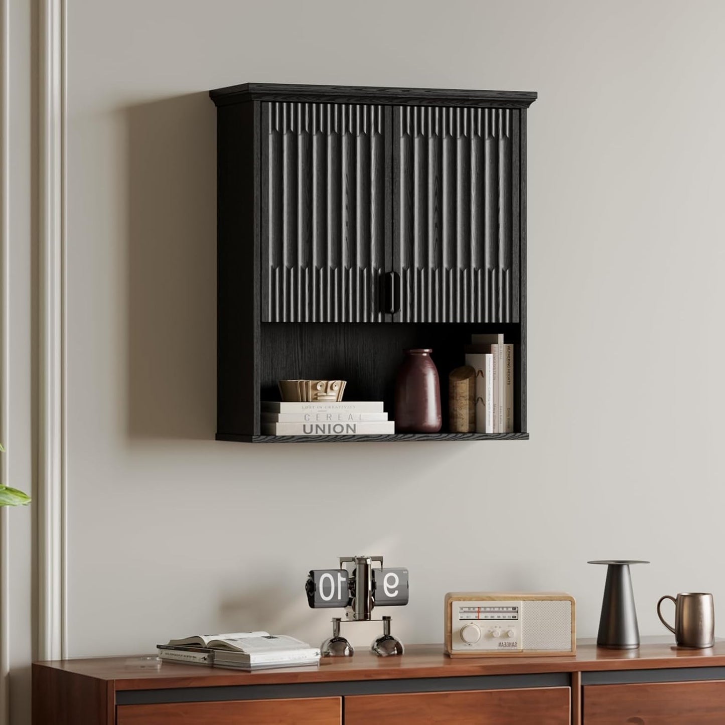 FLOWBACK Wall Mount Bathroom Cabinet, Wooden Medicine Cabinet Storage Organizer with Fluted Doors and Adjustable Shelf, Over The Toilet Space Saver Storage Cabinet (Black)