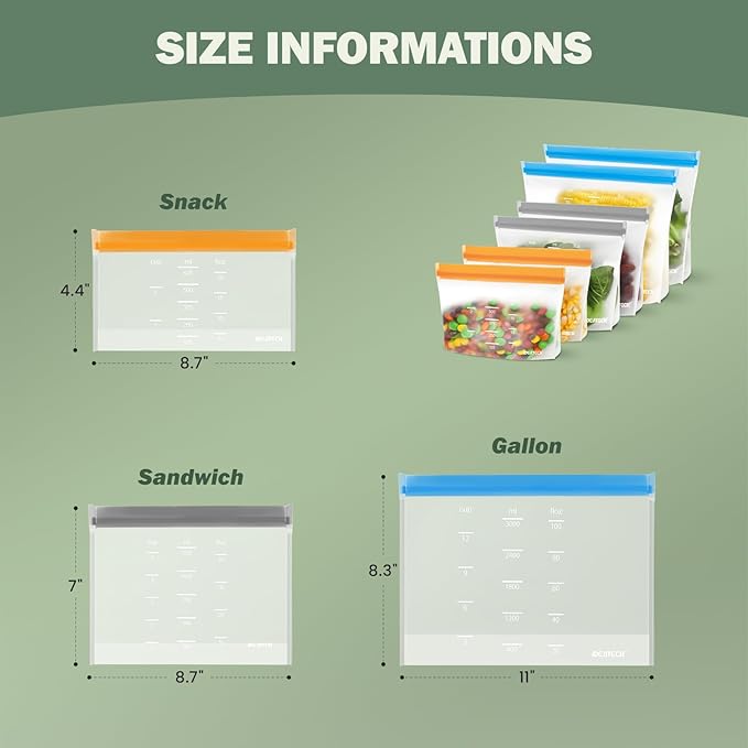 Dishwasher Safe Reusable Storage Bags Stand Up - BPA Free Reusable Sandwich Bags - Leakproof Gallon Freezer Bags, Silicone Food Storage Bags - Grey 12 Sandwich Bags