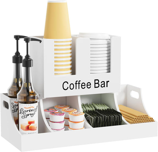 Coffee Station Organizer, Wooden Coffee Bar Organizer for Countertop, Condiment and Cup Storage Organizer, Bar Accessories for Kitchen, Office, Home, White