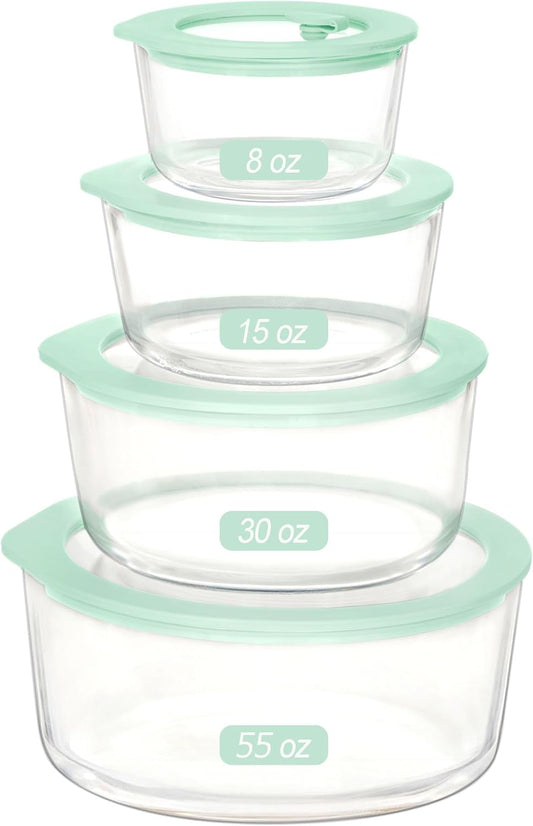 Urban Green Glass Food Container Set with Glass Lid, 4 Pack, Meal Prep Containers with Silicone Framed Airtight Lid, Leakproof, 100% Plastic Free,
