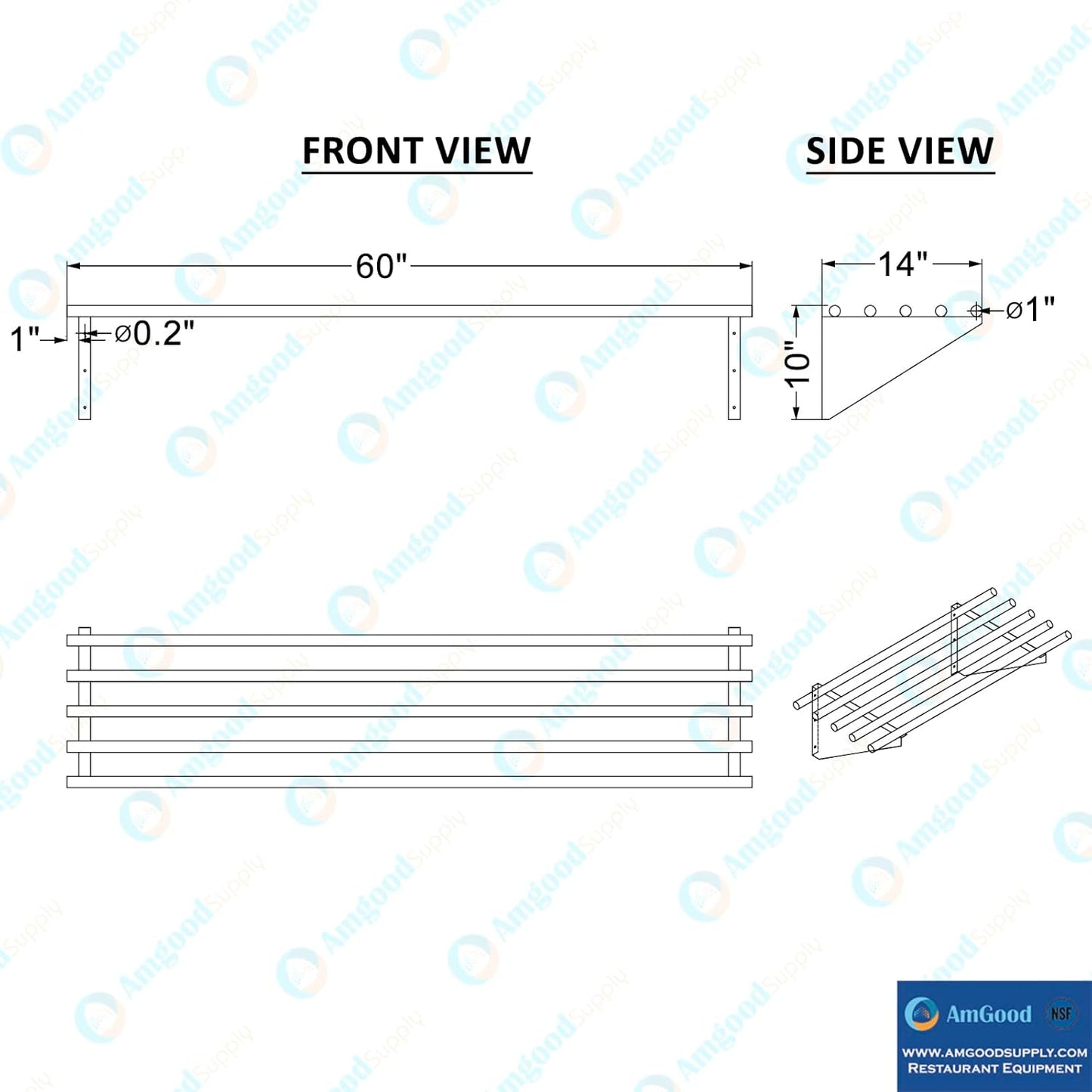 AmGood 14 in. x 60 in. NSF Stainless Steel Tubular Wall Shelf | Heavy-Duty Metal Shelving for Appliances & Equipment | Ideal for Kitchen, Restaurant, Garage, Laundry, Utility Room