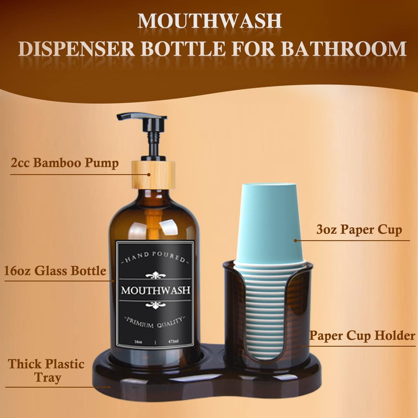 Amber Glass Mouthwash Dispenser with Cup Holder for Bathroom, 16oz Refillable Mouthwash Bottles Container with Tray, Funnel and Waterproof Labels