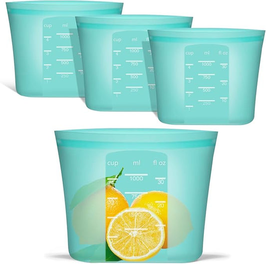 Reusable Freezer Bags Quart Size, 4 Pack, 100% Silicone Stand Up Ziplock Reusable Silicone Food Storage Bags Sandwich Bags Containers, Freezer Microwave Oven Dishwasher Safe, Aqua, 33.8fl.oz