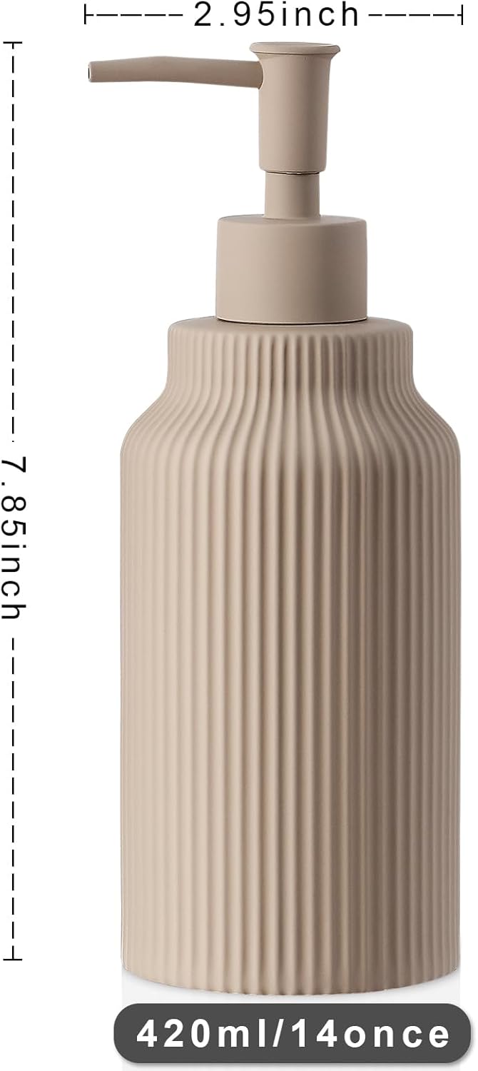 Modern Matte White Soap Dispenser for Bathroom，14oz Ceramic Soft Touch Hand Lotion Dispenser with Pump，Liquid soap Dispenser for Kitchen Rubber Paint (Khaki)