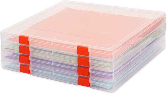 Scrapbook Paper Storage Box 12.7 x 12.4 x 1 Inch Clear Plastic Organizer for Craft Letter Paper Cardstock Documents Office School Supplies, 4 Pack