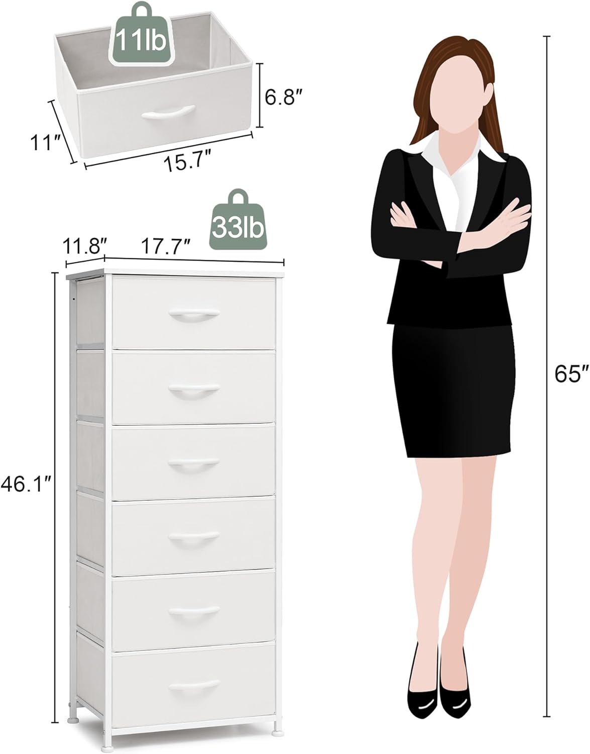 Crestlive Products Tall Dresser for Bedroom Vertical Storage Tower - Sturdy Steel Frame, Wood Top, Easy Pull Fabric Bins, Handles - Organizer Unit for Hallway, Entryway, Closets - 6 Drawers (White)