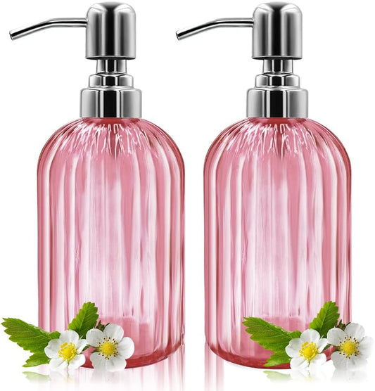 Soap Dispenser - 2 Pack 14 Oz Glass Soap Dispenser with Rust Proof Stainless Steel Pump, Refillable Liquid Bottle Dispenser, Premium Hand Jar Dispenser for Bathroom, Kitchen, Countertop (Pink)