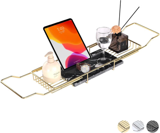 Bathtub Tray Caddy for Luxury Bath Expandable Extra Wide Bath Tub Tray with Natural Marble Tray and Mobile/Tablet Stand, Ideal for Home Spa Lovers (Gold + Black)