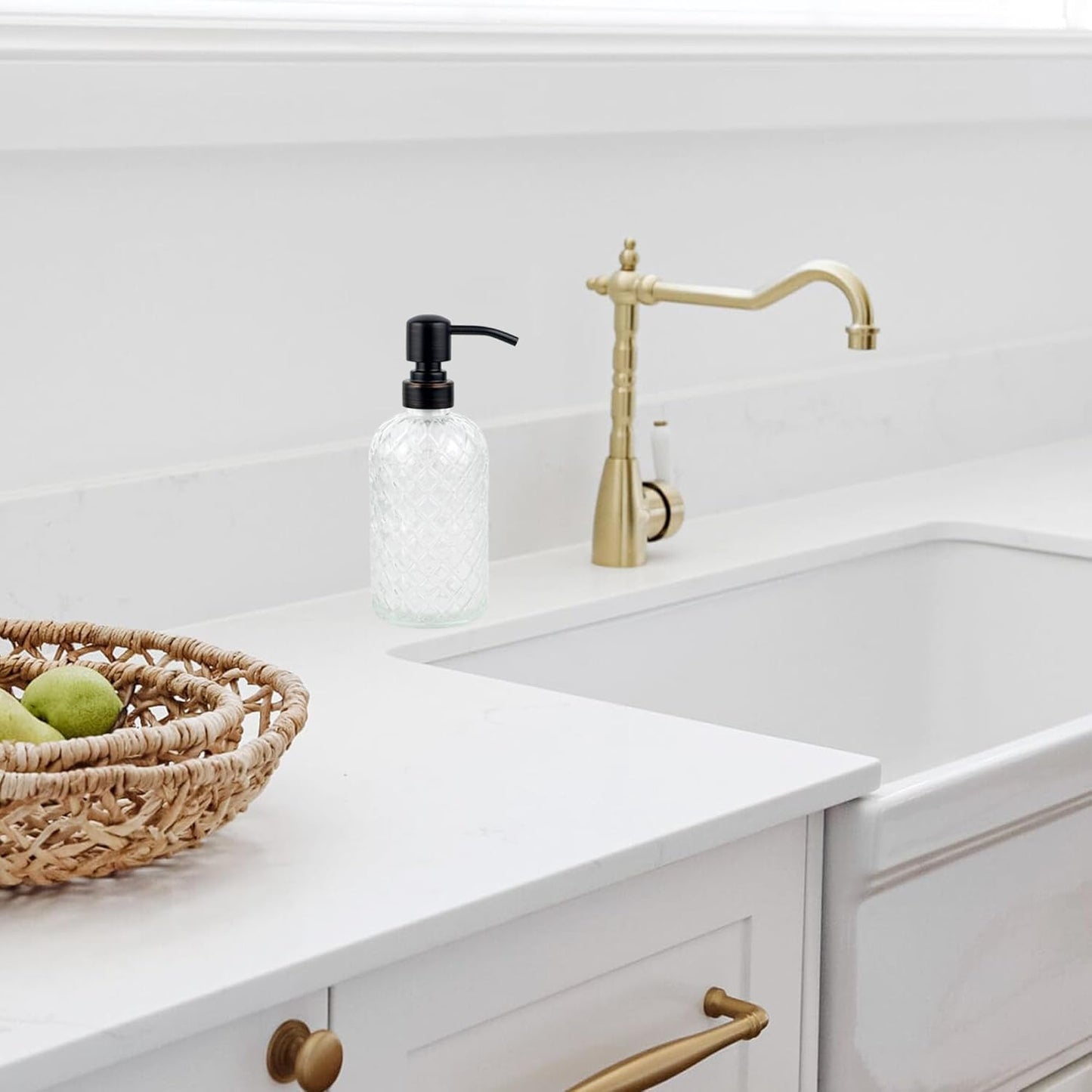 16 oz Glass Soap Dispenser with Stainless Steel Vintage Brushed Bronze Pump Head, Refillable Gemstone Pattern Soap Dispenser for Hand Soap, Dish Soap, and Lotion (Clear)