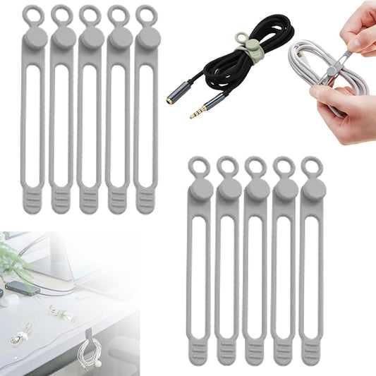 HISKI Silicone Cable Ties, Reusable Cable Management Organizer, Multipurpose Elastic Cord Organizer, Grey, 10 Pcs