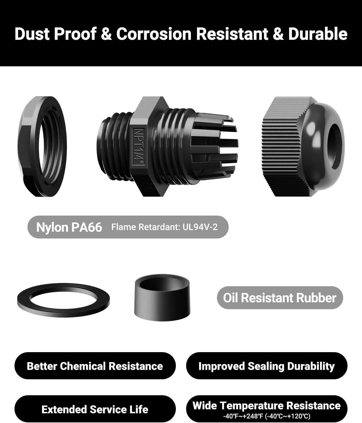 VCELINK 10 Pcs 1/4" NPT Cable Glands Nylon Waterproof, IP68 PA66 Cord Connectors, NPT 1/4" Wire Entry for Electrical Boxes, Strain Relief Wire Grommets, Black