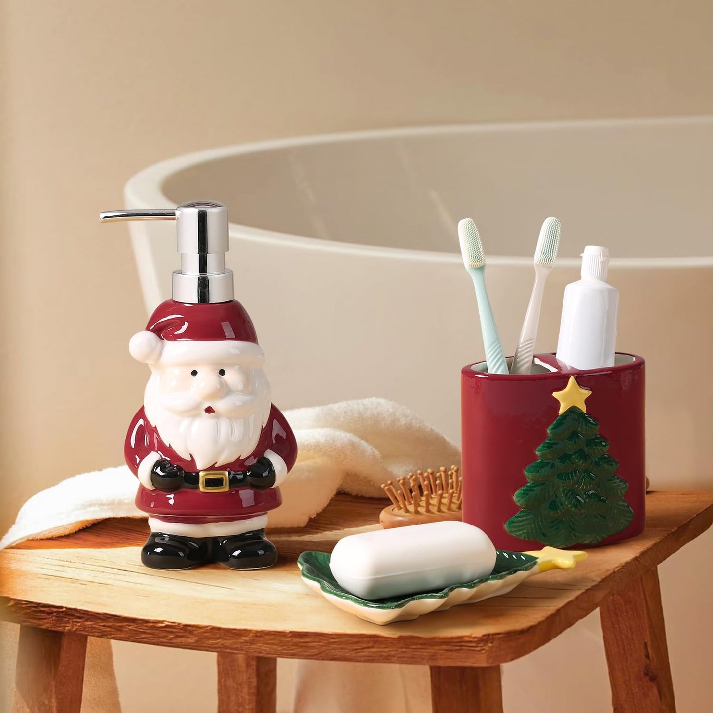 Merry Christmas Bathroom Accessories Set 4 Pieces Toothbrush Holder Soap Dispenser Ceramic Bathroom Accessory Set Contain Toothbrush Cup Soap Dish Tumbler