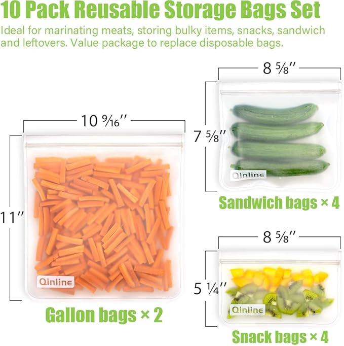 Reusable Food Storage Bags - 10 Pack Freezer Bags, Reusable Bags , Extra Thick Leakproof Reusable Lunch Bag for Salad Fruit Snack Travel - 2 Gallon 4 Sandwich 4 Snack Bags