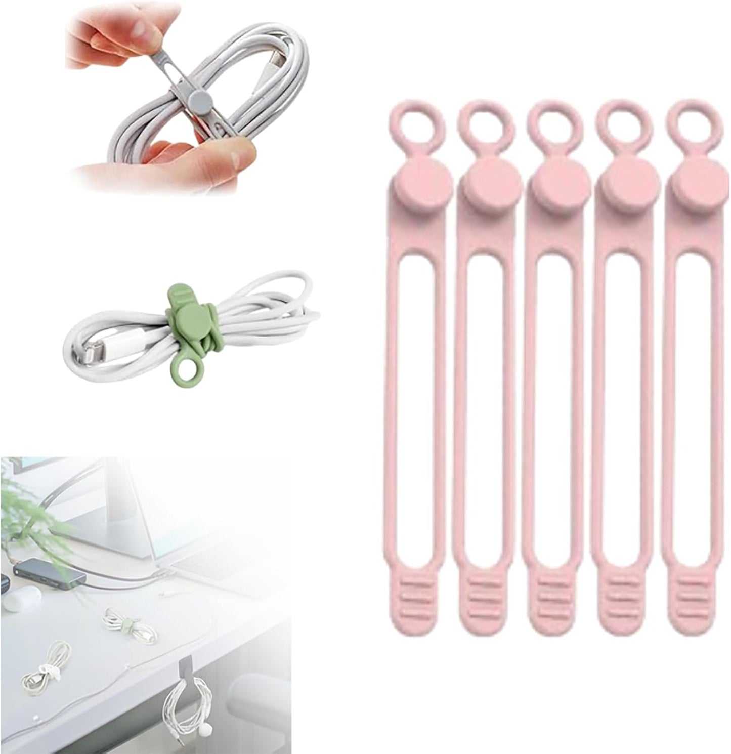 HISKI Silicone Cable Ties, 5 Pcs Pink, Reusable Cable Management Organizer
