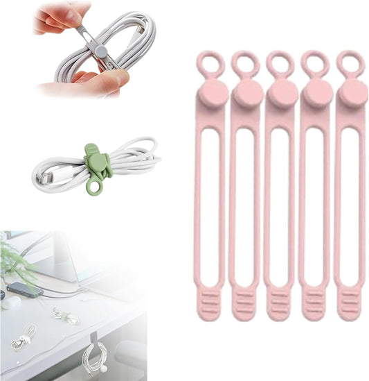 HISKI Silicone Cable Ties, 5 Pcs Pink, Reusable Cable Management Organizer