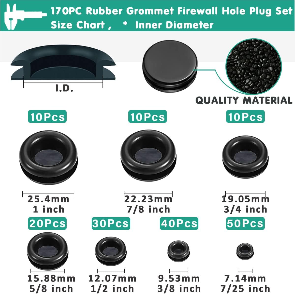Rubber Grommet Kit 170 Pack - Black Firewall Grommet Assortment 7 Sizes Rubber Cable Hole Plug for Holes, Electrical, Plumbing, Automotive, Boat, Home Improvement Cord Wire Pipe Organization