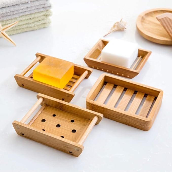 Kaxich 2 Pack Bamboo Wooden Soap Dish Shower Soap Storage Holder Saver Soap Tray Plate for Bathroom Shower Vanities Kitchen Sink
