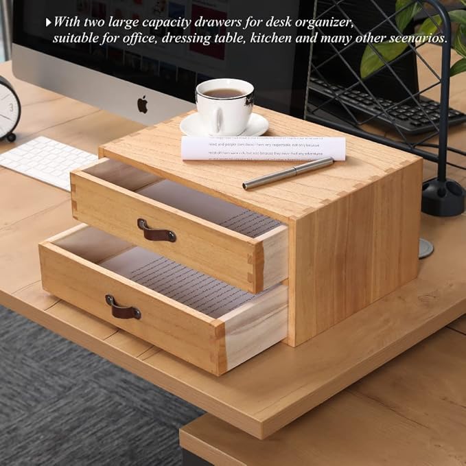 Wooden Desk Organizer with 2 Drawers - Desktop Storage Drawers for Office Supplies File Paper Storage - Wood Chest/Small Cabinets for Jewelry Dresser Kitchen Counter (FAX2C-LT）