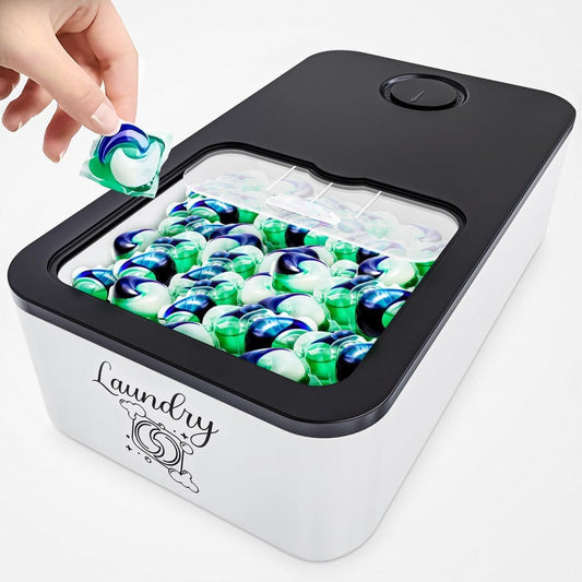 Skywin Laundry Pod Container with Slide Lid, 15 x 8.7 x 4.5 In, Holds 11 Pounds OR 120-150 Pods, Black with Print