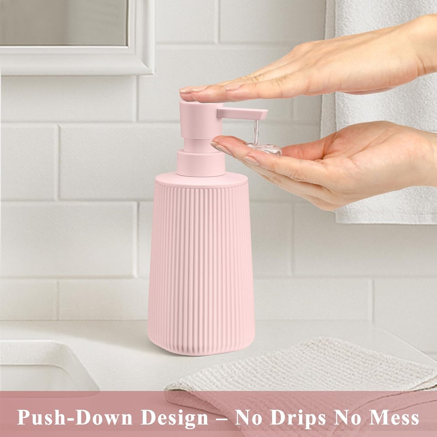 Pink 2 Pack Hand Soap Dispensers with No Rust Pump for Bathroom Kitchen or Vanity Countertops Refillable Striped Matte Plastic 8.5 oz Cute Design for Girls Room Decor