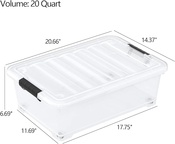 20 Quart Under Bed Plastic Latch Storage Totes with Wheels, Clear Underbed Storage Container, 4 Packs
