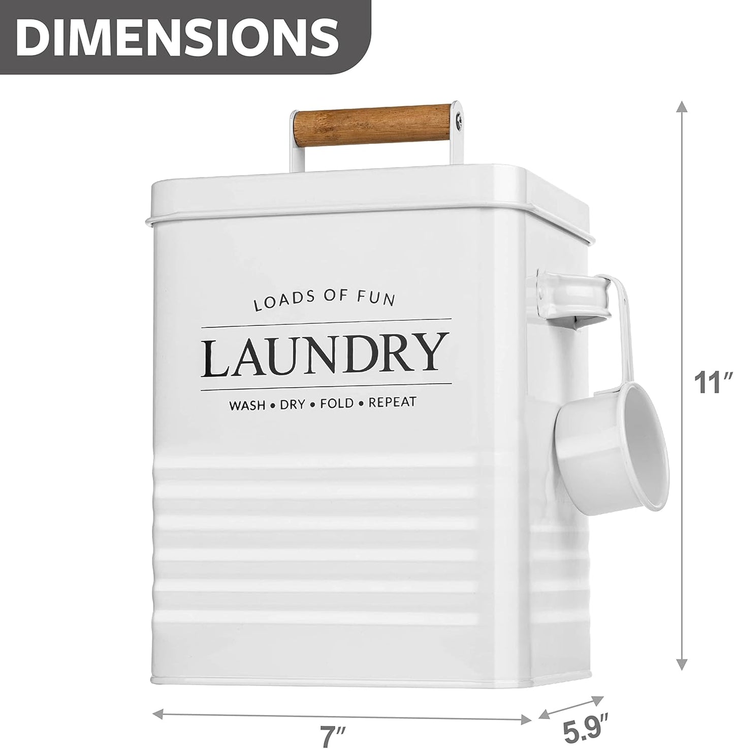 Calindiana Modern Farmhouse Metal Laundry Soap Dispenser with Scoop for Decor and Space Saving Organization, White