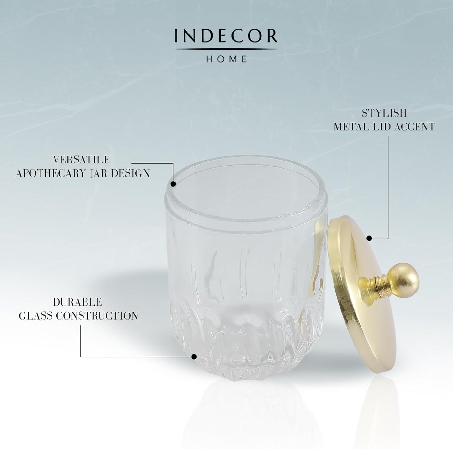 Clear Transparent Apothecary Vertical Wavy Glass Jar With Gold Metal Lid Cover for Bathroom Organization, Cotton Balls, Q Tips, and Small Accessories, Bathroom Storage