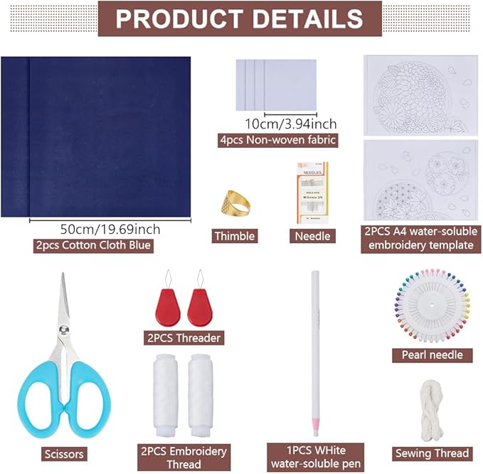 FREEBLOSS Sashiko Tea Mat Kit DIY Sashiko Kit with Template Sashiko Stencils Kit Sashiko Water Soluble Template Tea Mat Sashiko Kit for Beginner DIY Sashiko Kit for Adults