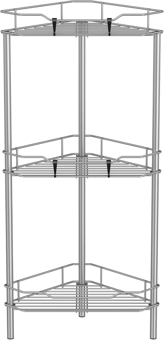 3 Tier Floor Standing Corner Shower Caddy Organizer Shelf with Hooks, Bathroom Shelves Stand Rack, Gray