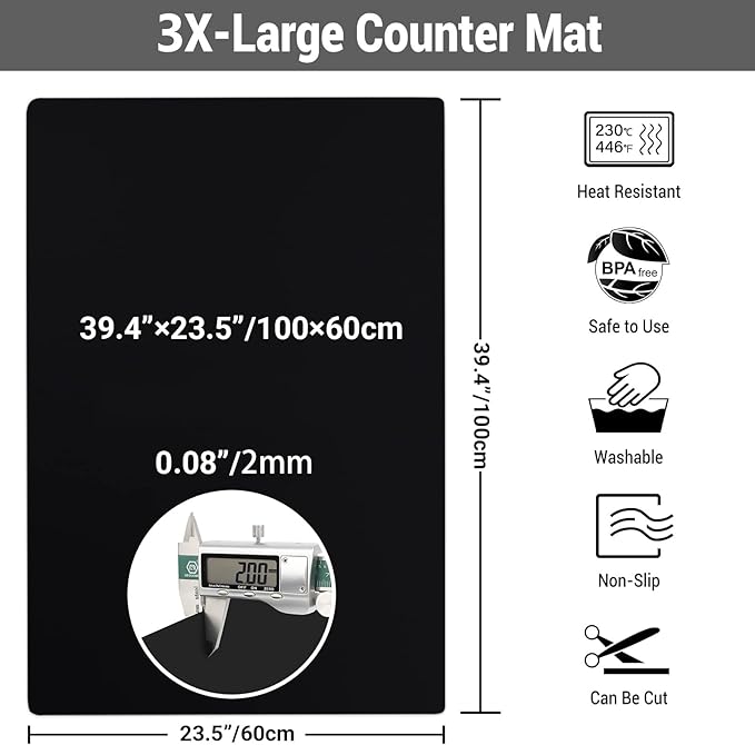 Ewen 39.4x23.5in 2mm Heat Resistant Silicone Mat, Extra Large Thick Placemat for Kitchen Counter, Workbench Countertop Protector Mat Hot Pads for Coffee Maker Bar Crafts Glass Top Stove Cover Black