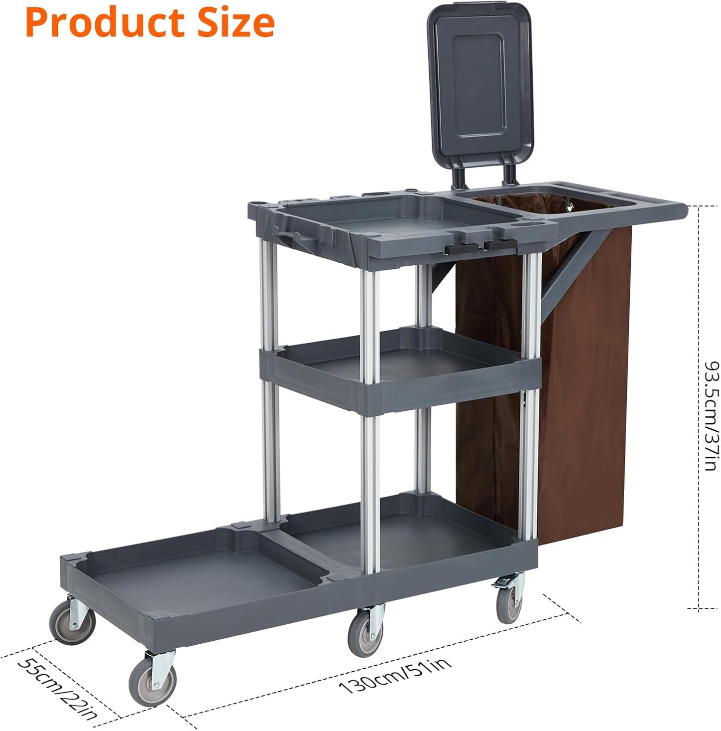 Commercial Janitorial Cleaning Cart on Wheels - Black Housekeeping Caddy with Cover, Shelves and Vinyl Bag