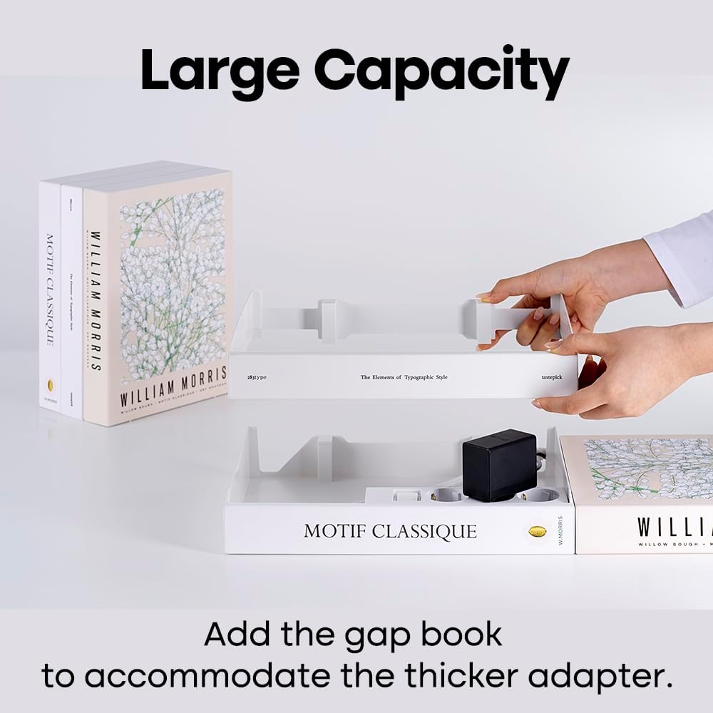 Book Shape Decorative Cable Management Box - Expandable Cable Organizer Box with Magnetic Closure for Home & Office (William Morris, Large)