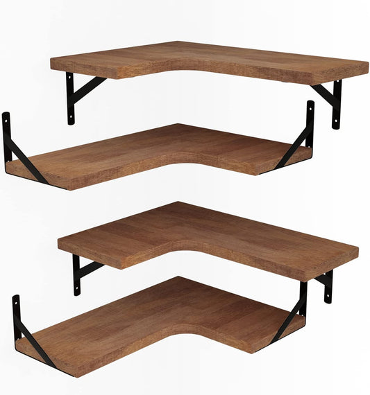 LEOPO Corner Floating Shelves Wall Mounted Set of 6, Corner Wall Shelves Rustic Wood Storage Display for Home Decor, Bedroom, Living Room, Kitchen, Office, Bathroom, Laundry Room, Reddish Brown