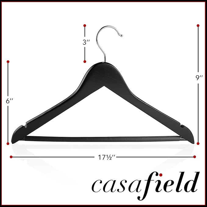 Casafield - 40 Black Wooden Suit Hangers - Premium Lotus Wood with Notches & Chrome Swivel Hook for Dress Clothes, Coats, Jackets, Pants, Shirts, Skirts