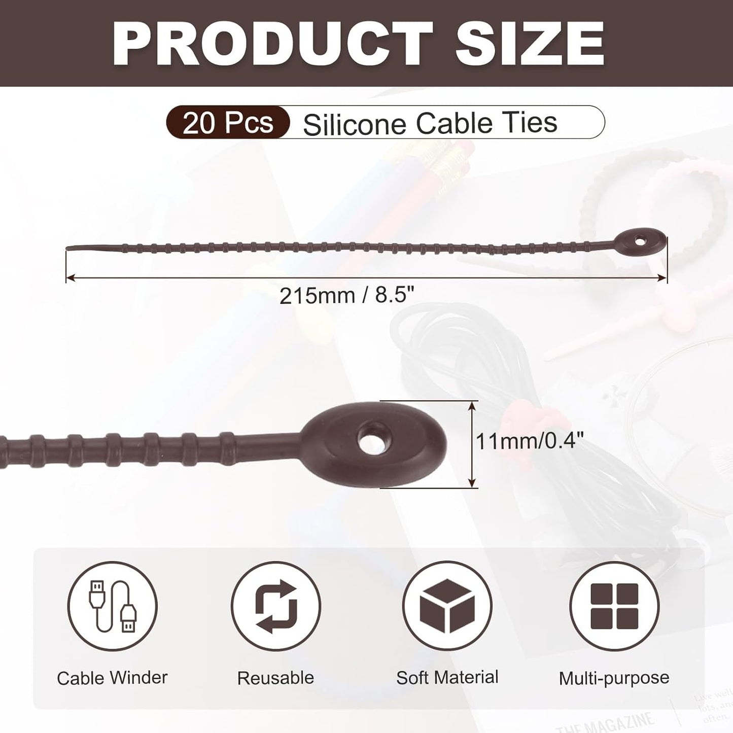 uxcell 20 Pcs Silicone Ties Bag Clip, 8.5 Inch Multi Purpose Silicone Zip Ties Reusable Rubber Zip Tie, Cable Strap Cord Organizer for Home Office Food Bag Wires Cables, Dark Brown