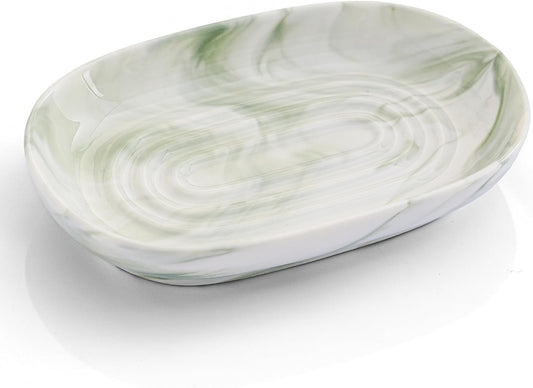 Fancy Ceramic Soap Dish, Decorative Soap Holder with Unique Marble Textures, Multi-Purpose Soap Bar Holder for Bathroom & Kitchen, Non-Slip & Waterproof (Green Texture)