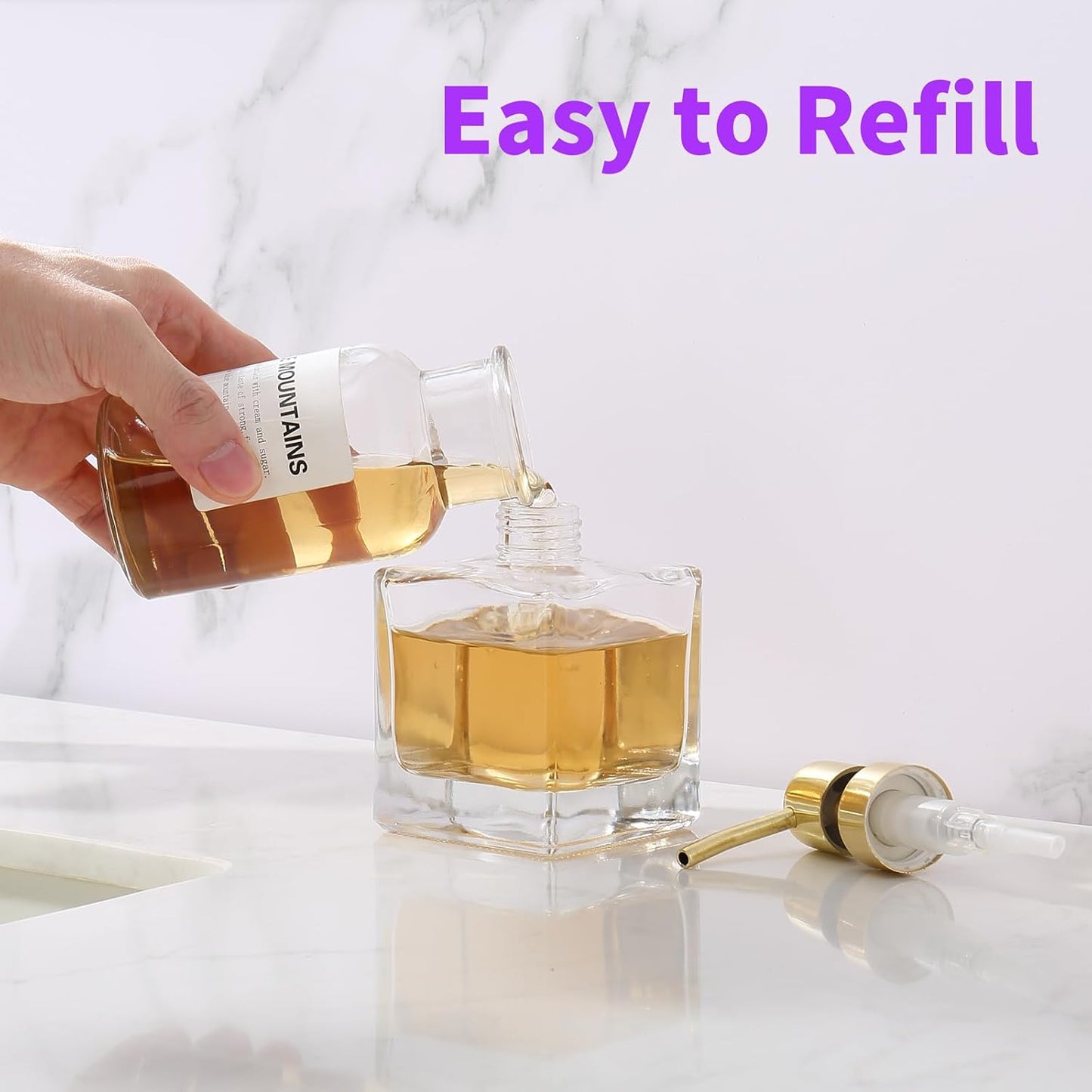 Square Bathroom Soap Dispenser Brushed Gold, Glass Bottles with Stainless Steel Pump 8.4 OZ Cube Liquid Soap Dispenser Hand Kitchen