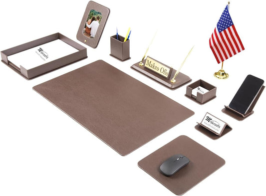 Dora Bonded Leather Executive Desk Set – 11-Piece Luxury Desk Organizer with Desk Mat, Name Plate, Pens, Mouse Pad, Photo Frame & Office Accessories