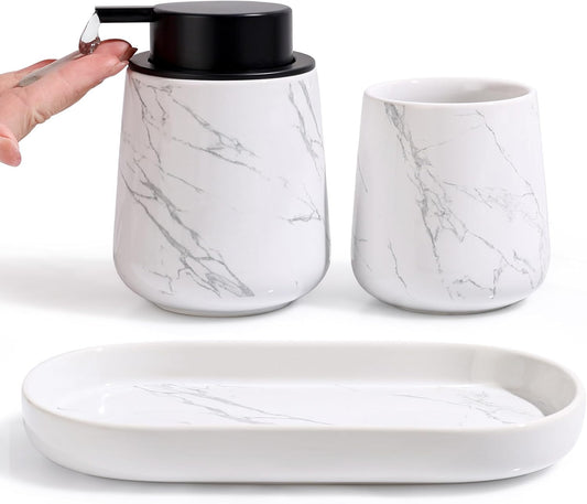 BosilunLife Marble Bathroom Accessory Set - 3 pcs Ceramic Bathroom Soap Dispenser Set Farmhouse Bathroom Counter Decor Set Accessories, Soap Dispenser and Toothbrush Holder, Tray
