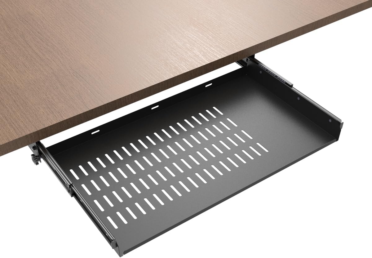 JINGCHENGMEI 21 inch Sliding Under Desk Laptop Mount with Air Vents, Metal Under Desk Slide Out Tray for Laptop (21 Inch)